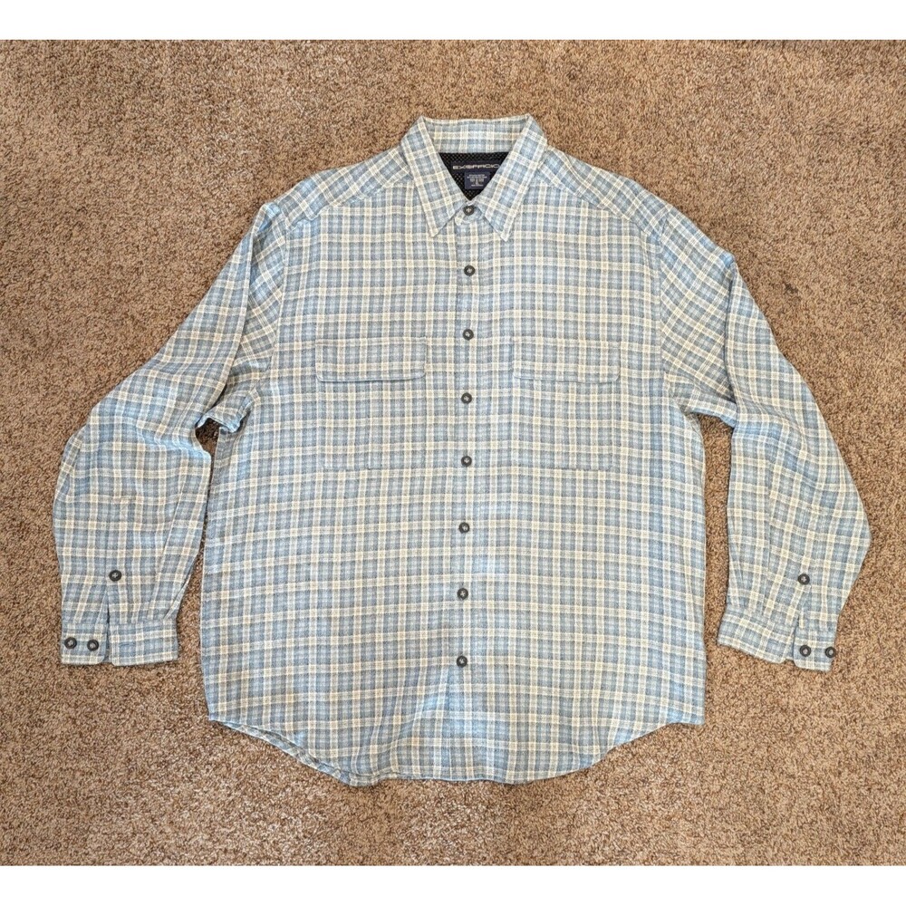 ExOfficio Mens XL Blue Plaid Long Sleeve Button Front Shirt Travel Outdoor #1040